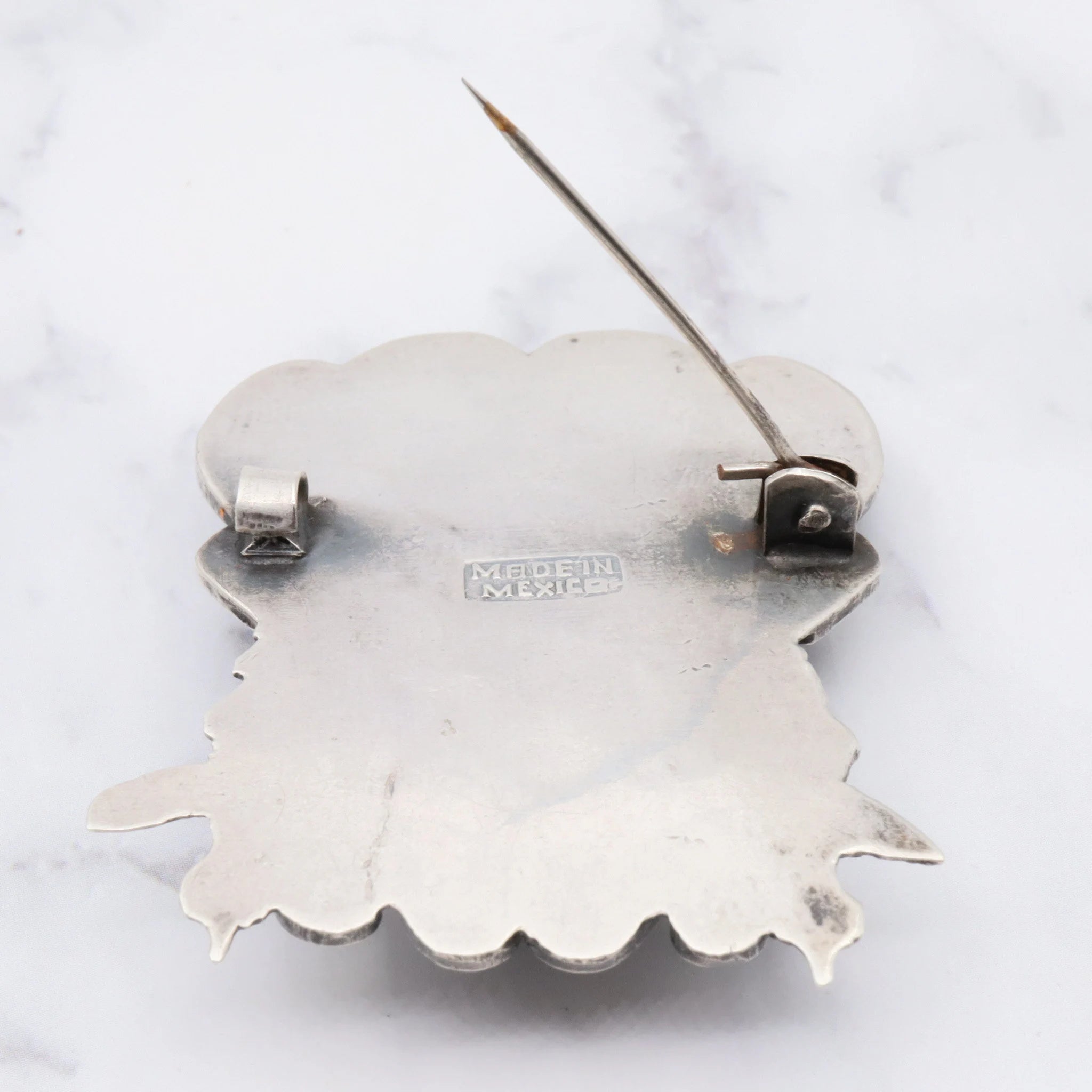 Antique Mexican sterling and carved onyx Mayan mask brooch